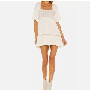 Free People Easy to Love Smocked Babydoll Swing Dress Ruffle Boho Flowy Sz M